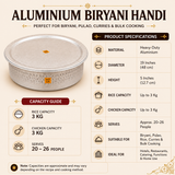 Product specifications infographic of a 19-inch heavy-duty aluminium biryani handi with lid, featuring 5-inch height, 3 kg rice capacity, 3 kg chicken capacity, serves 20–26 people, ideal for biryani, pulao, curries, hotels, restaurants, catering, commercial kitchens, and home use.