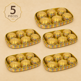 Five gold-plated brass 6-light candle holders decorated with colorful metallic stripes, arranged on a beige background with a '5 PIECES' badge in the top left corner.