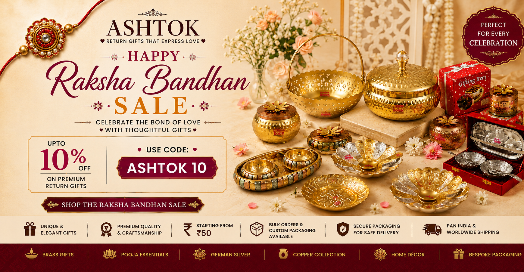 Promotional banner for Ashtok Raksha Bandhan Sale, featuring ornate gold-toned traditional gift items such as bowls, boxes, and decorative pieces arranged on a warm beige background with floral accents and sale text overlays.