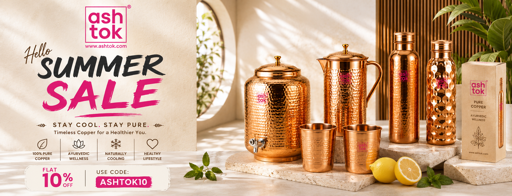 Copper kitchenware set with 'ashtok' branding and summer sale text.
