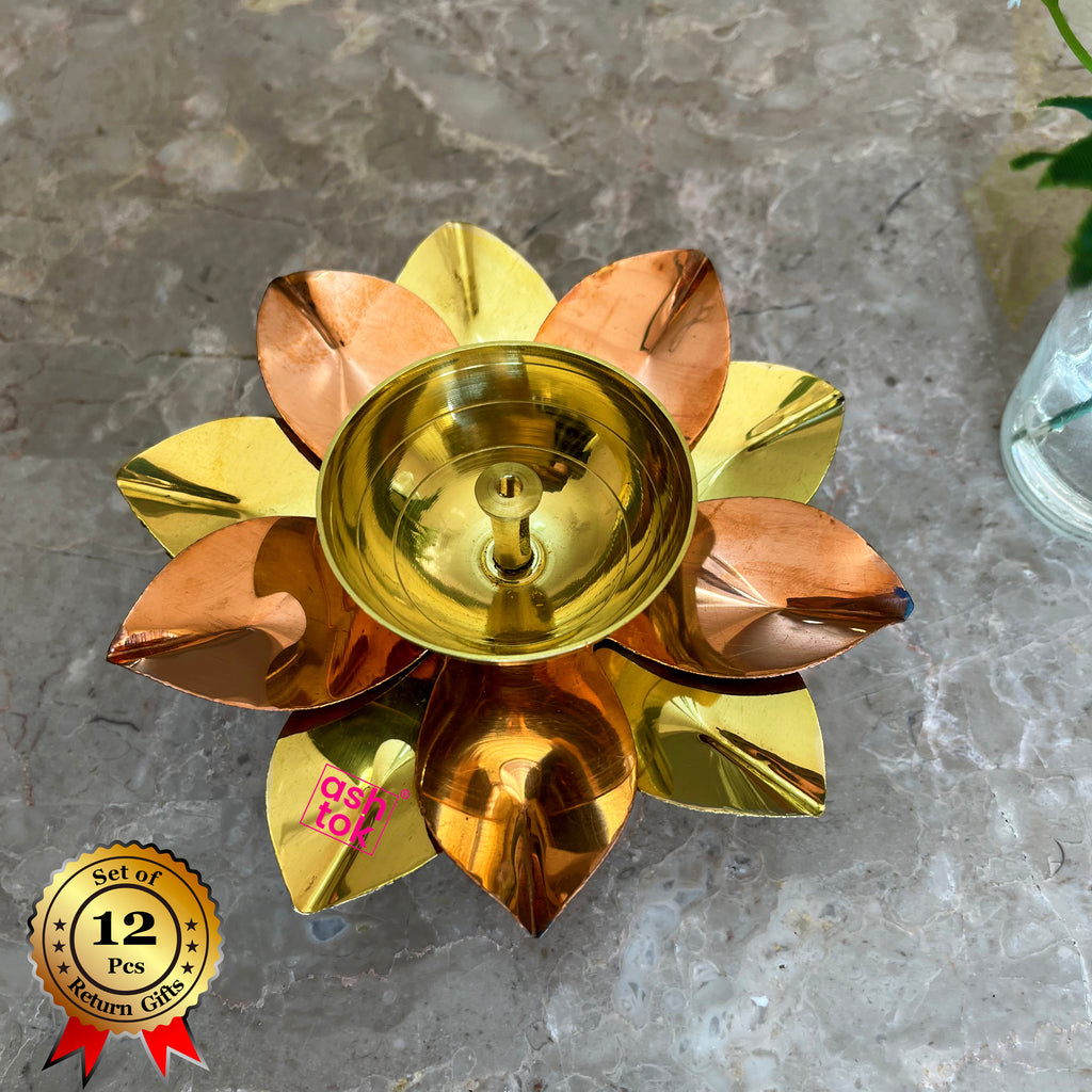Lotus Diya Brass and Copper, Akhand Diya, Oil Lamp (Dia 6 Inches)