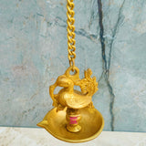Traditional brass hanging vilakku diya with chain, suitable for temples, pooja rooms, meditation areas, and festive occasions.