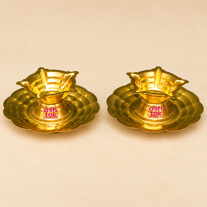 Brass Manikyal Diya With Plate, Handmade Puja Diya