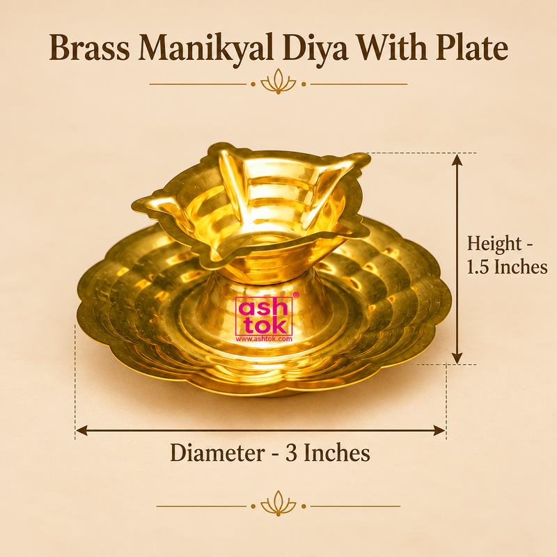 Brass Manikyal Diya With Plate, Handmade Puja Diya