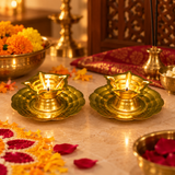 Brass Manikyal Diya With Plate, Handmade Puja Diya