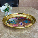 Gift Item, Brass Plate for Pooja Engraved Printed Peacock Design Inside (Dia 8 Inches)