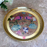 Gift Item, Brass Plate for Pooja Engraved Printed Peacock Design Inside (Dia 8 Inches)