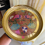 Gift Item, Brass Plate for Pooja Engraved Printed Peacock Design Inside (Dia 10 Inches)