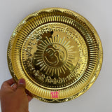 Brass Puja Plate, Pooja ki thali Nakshee Om Design embosed Pooja Plate (Dia 8 Inches)