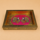 Wood Peacock Tray 5" x 7" Meenakari Design |  Handcrafted Wooden Decorative & Serving Tray | Set of 6