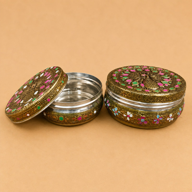 Stainless Steel Meenakari Puri Box 4" x 4" x 2" – Decorative Serving & Storage Box (Set of 8)
