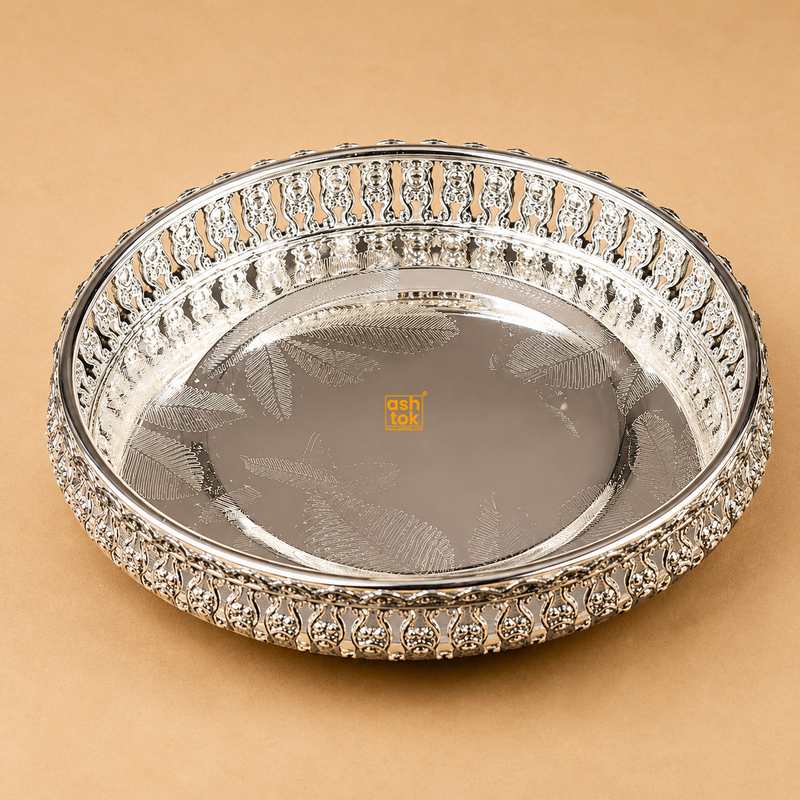 German Silver Round Serving Tray with Ornamental Border | Decorative Silver Platter for Gifting, Pooja & Home Décor