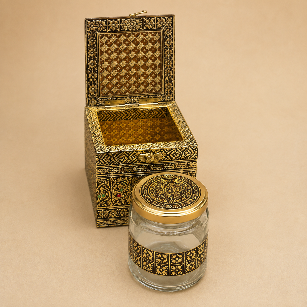 Meenakari Peacock With Jar Wood Box 4" x 4" x 4" – Handcrafted Decorative Wooden Gift & Storage Box