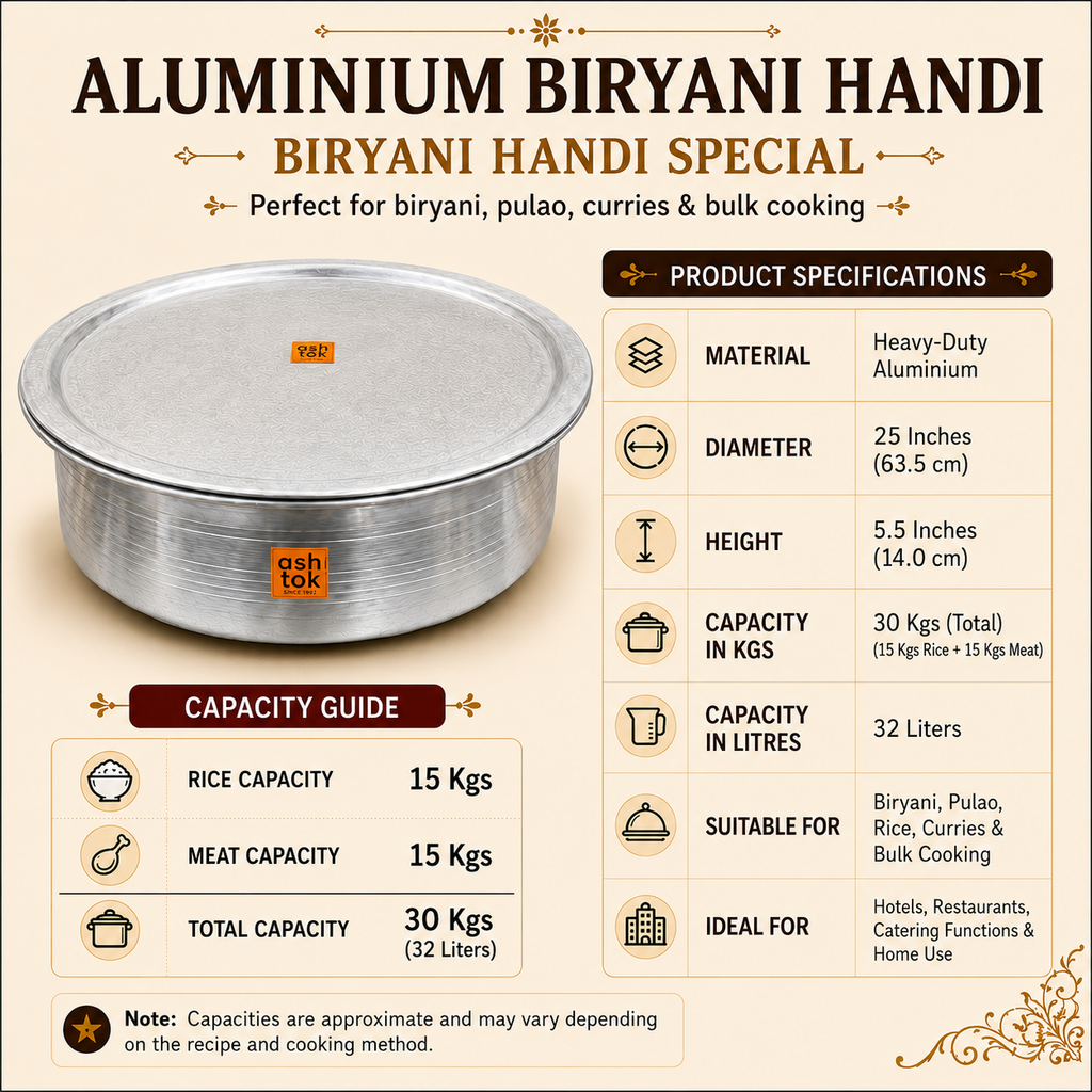 Biryani Handi Heavy Duty with Lid | Aluminium Cookware for Catering & Hotels