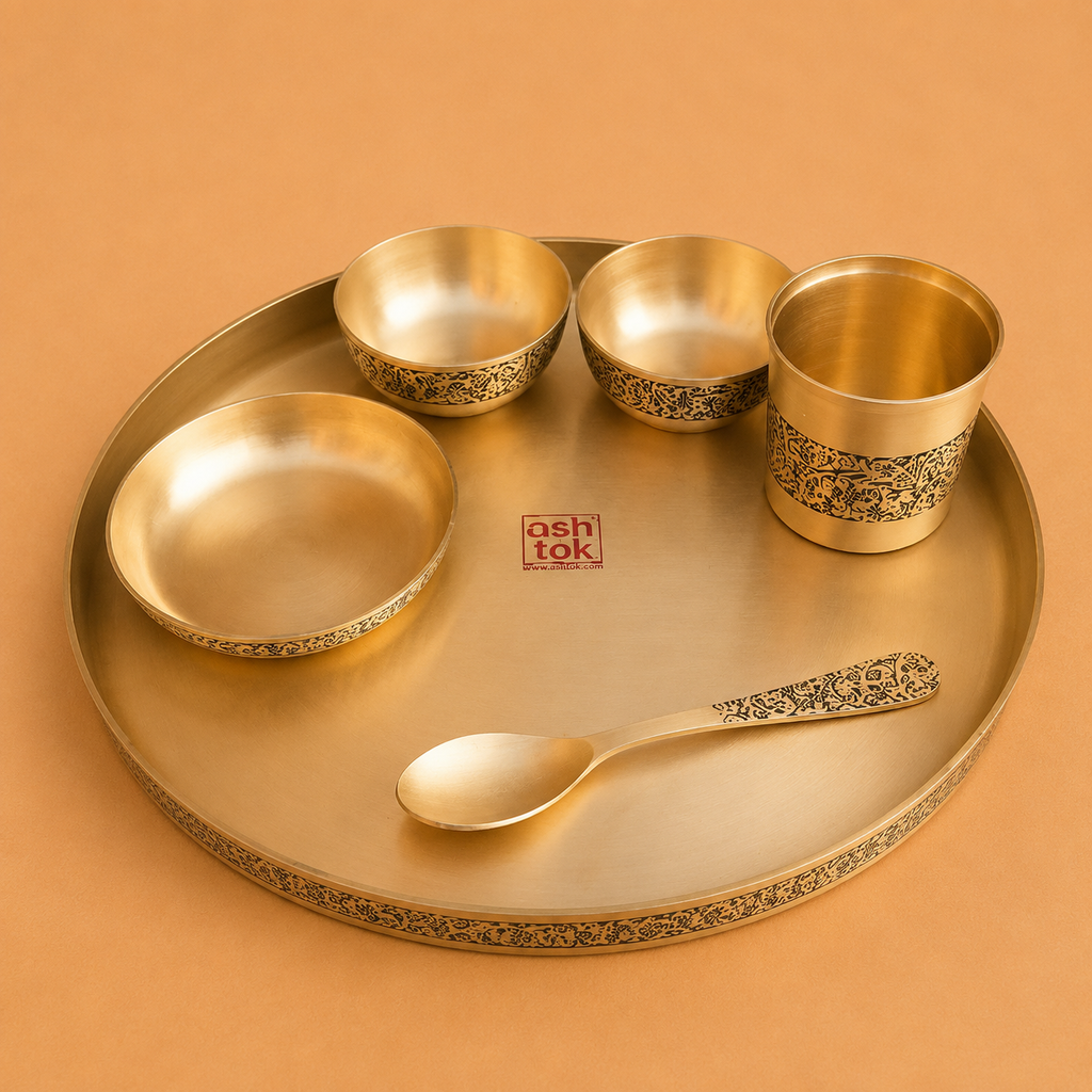 Bronze Dinner Set Etching Design, Pure Kansa Thali Set