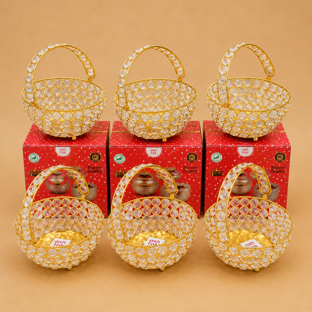 Crystal Basket Gift Item, Gold Coated Flower Basket (Dia 5 Inches)