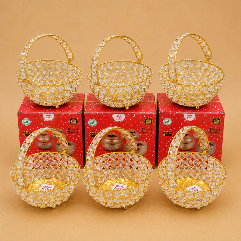 Crystal Basket Gift Item, Gold Coated Flower Basket (Dia 5 Inches)