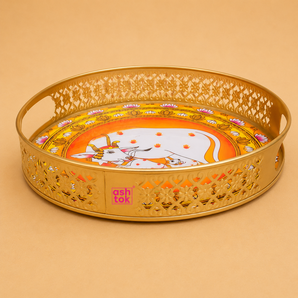Cow Design Tray Flower Basket, Puja Tray for Temple