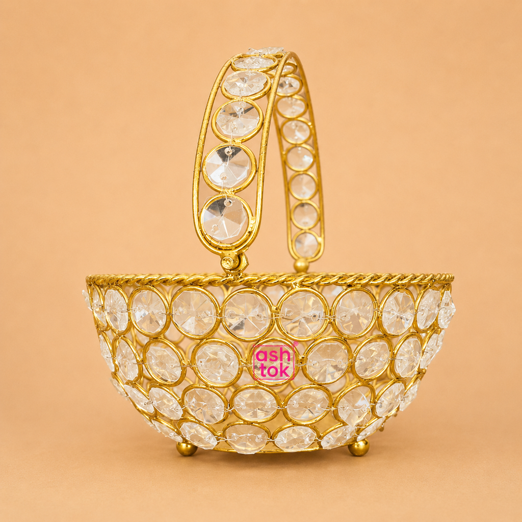 Crystal Basket Gift Item, Gold Coated Flower Basket (Dia 5 Inches)