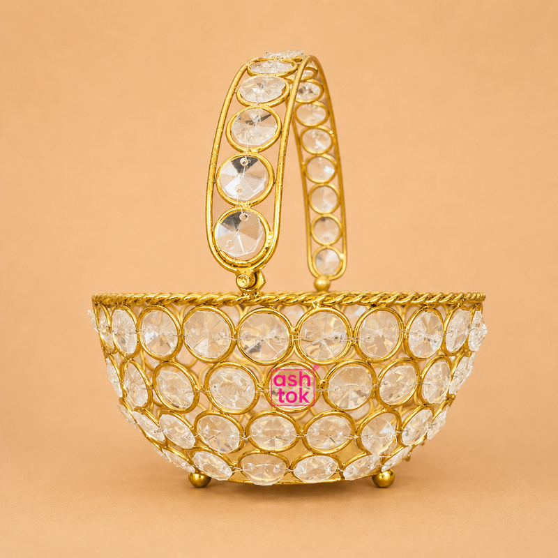 Crystal Basket Gift Item, Gold Coated Flower Basket (Dia 5 Inches)