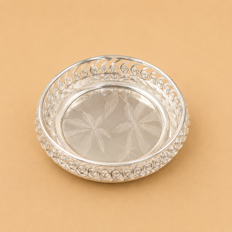 German Silver Decorative Serving Tray with Intricate Cutwork Design | Round Silver Platter for Gifting & Home Décor