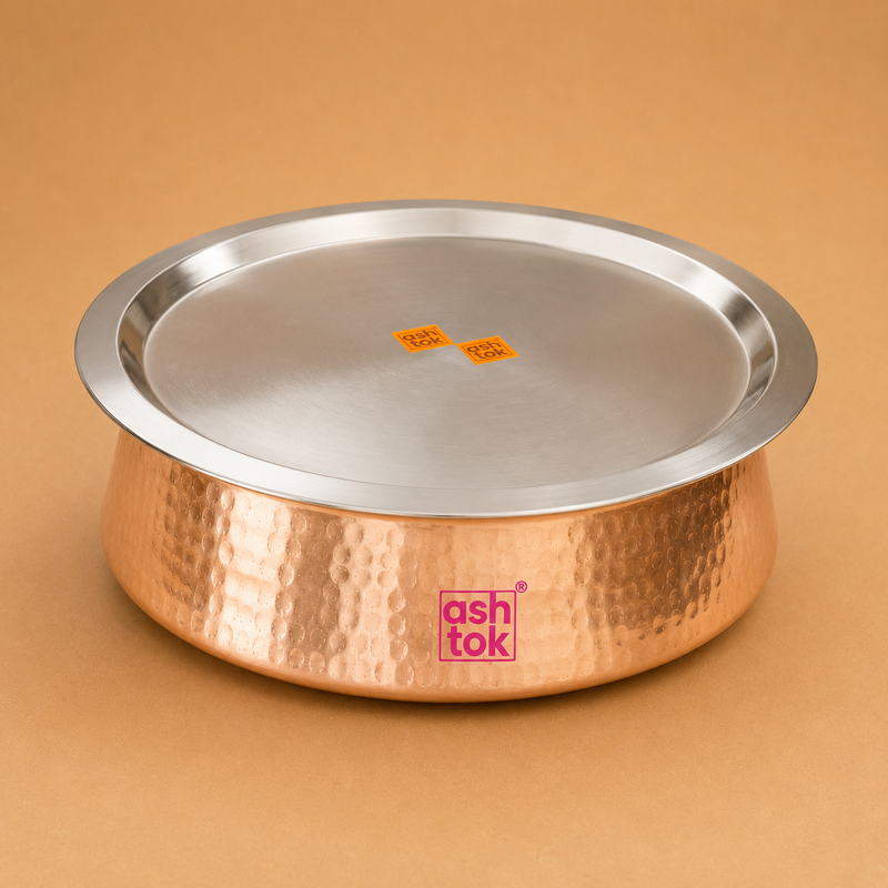 Biryani Handi Copper, Big Copper Biryani Handi Heavy Gauge with Stainless Steel Lid - Tin Coating Kalai Inside Handi