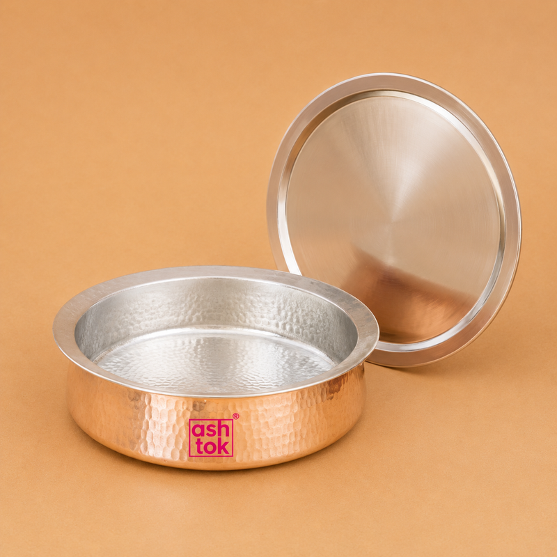 Biryani Handi Copper, Big Copper Biryani Handi Heavy Gauge with Stainless Steel Lid - Tin Coating Kalai Inside Handi