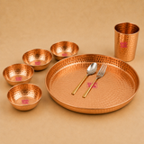 Copper Thali Set, South Indian Thali Set, Include- 1Plate, 1Glass, 4 Bowls. and 2 Cutlery(Spoon and Fork)