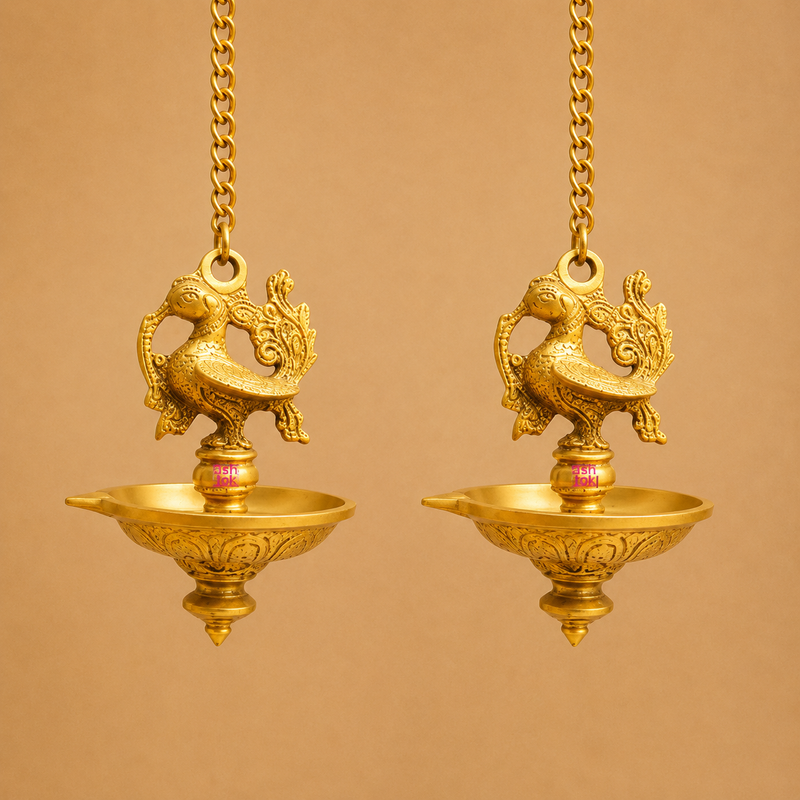 Brass Hanging Diya, Brass diya for puja, Diya with hanging chain