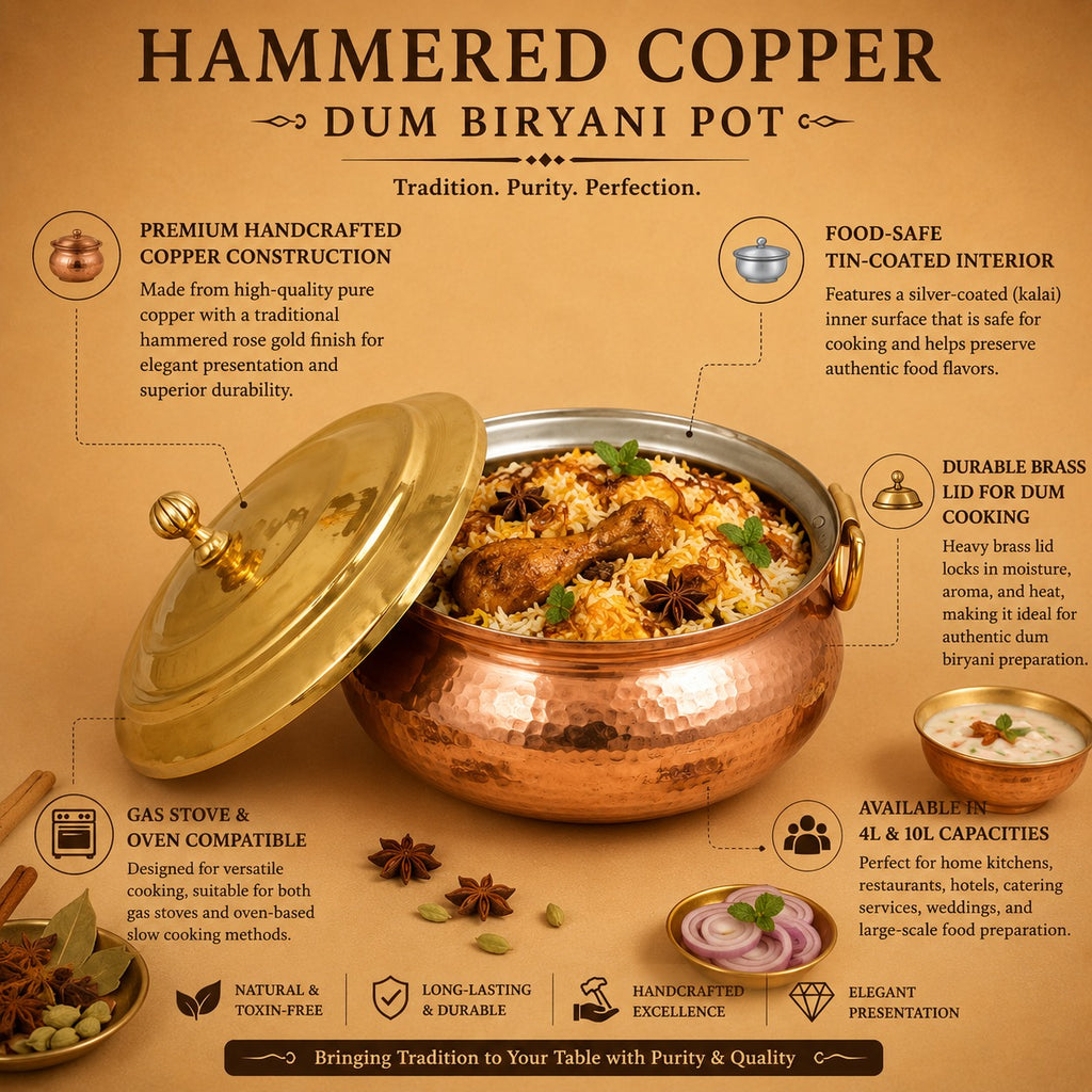 Copper tope handi with brass lid crafted for dum cooking, biryani preparation, and festive food serving.