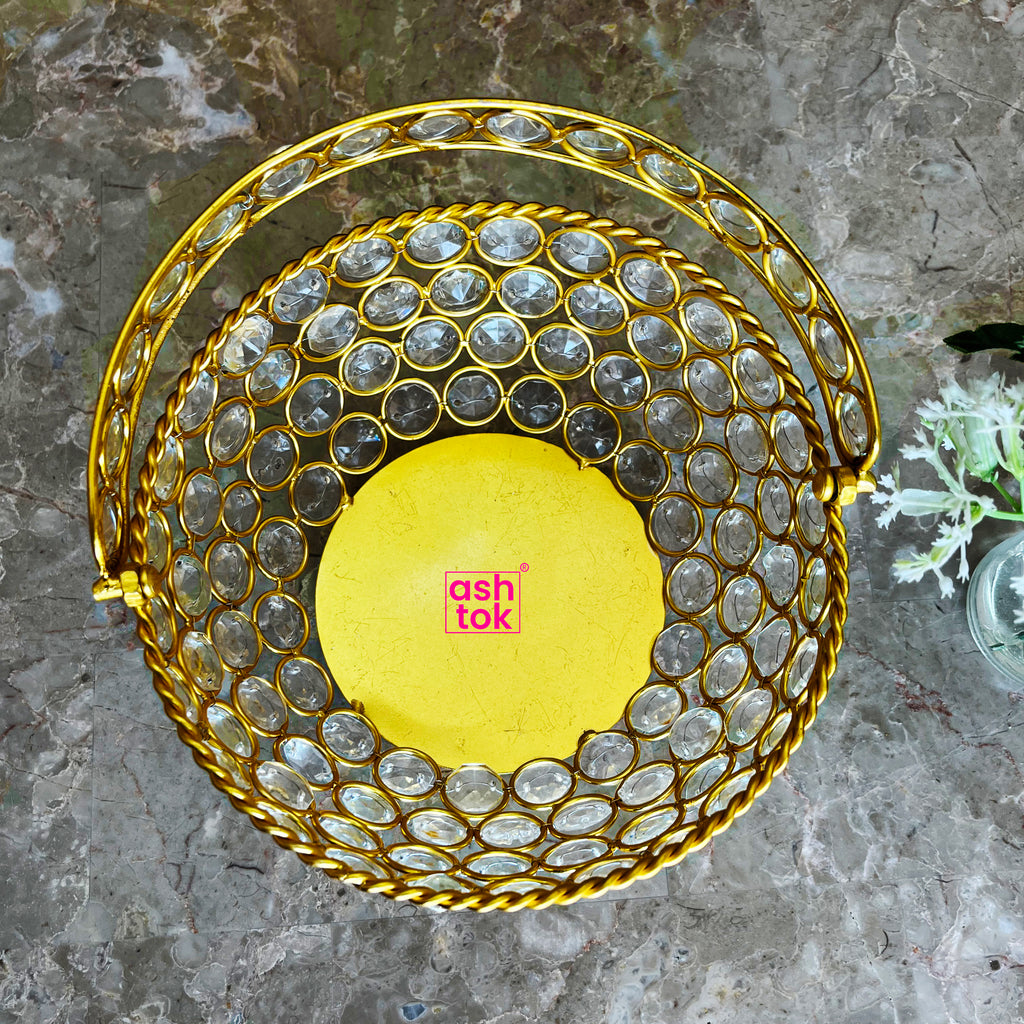 Crystal Basket Gift Item, Gold Coated Flower Basket (Dia 7 Inches)