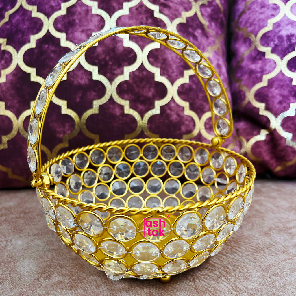 Crystal Basket Gift Item, Gold Coated Flower Basket (Dia 6 Inches)