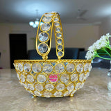 Crystal Basket Gift Item, Gold Coated Flower Basket (Dia 7 Inches)