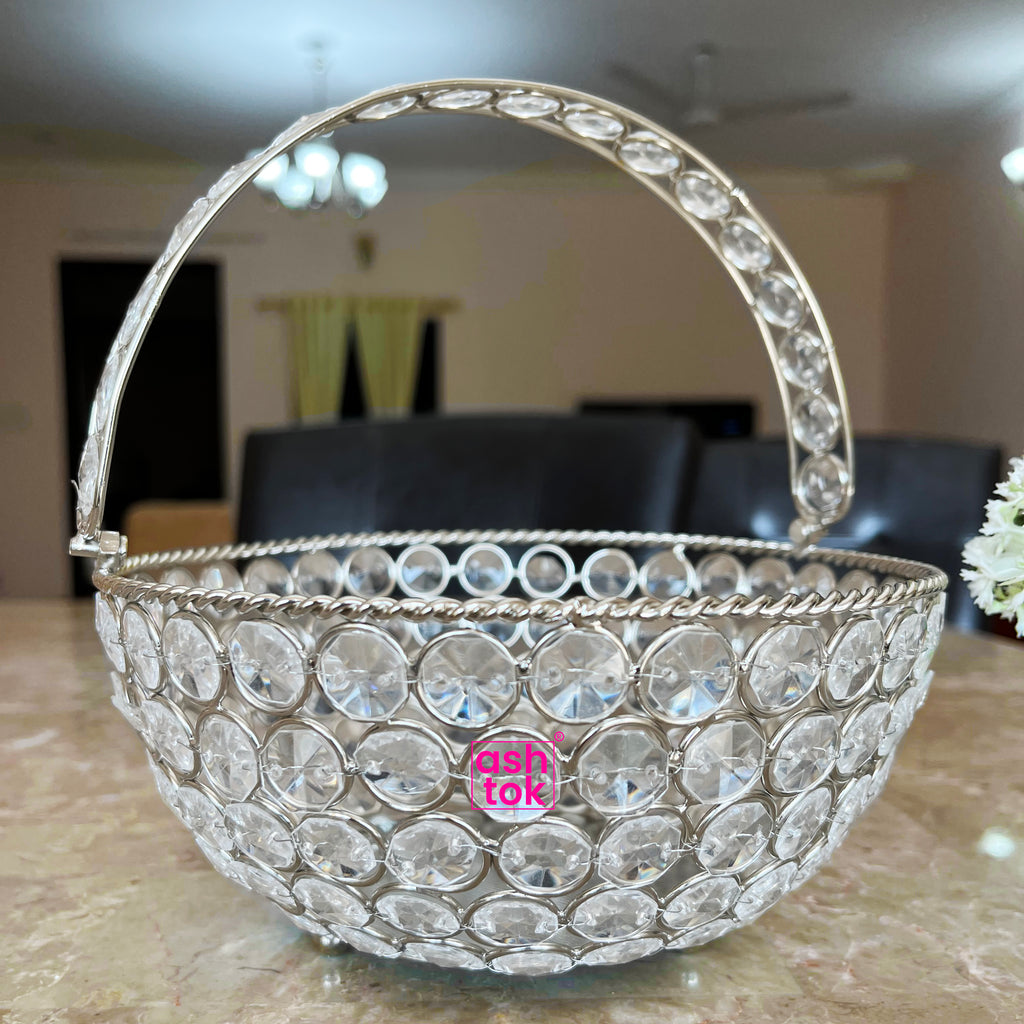 Crystal Basket German Silver, Flower Basket, Fruit Basket for Home Decor (Dia 6 Inches)
