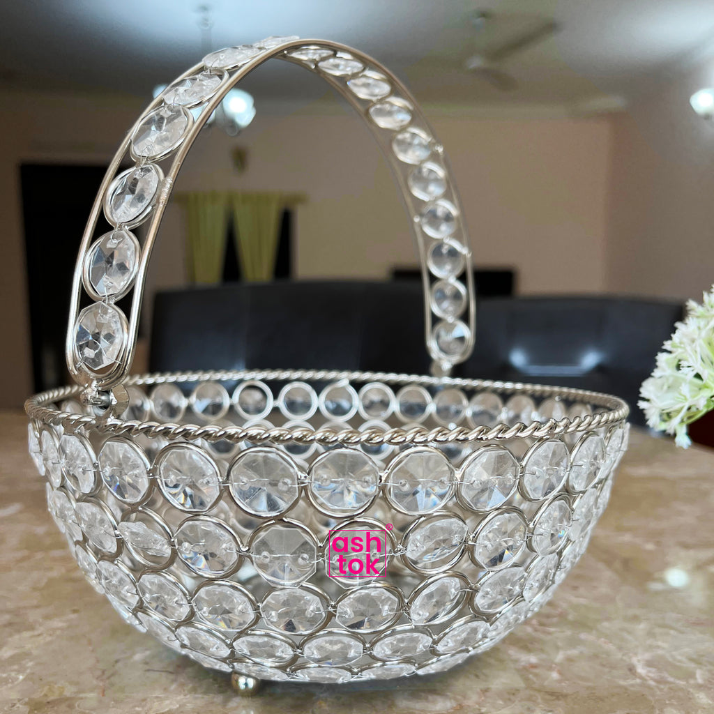 Crystal Basket German Silver, Flower Basket, Fruit Basket for Home Decor (Dia 6 Inches)