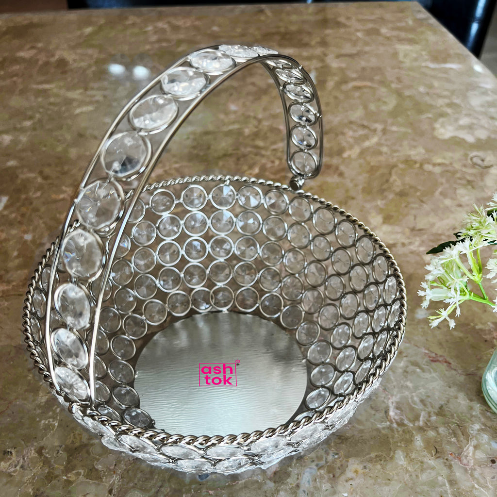 Crystal Basket German Silver, Flower Basket, Fruit Basket for Home Decor (Dia 7 Inches)