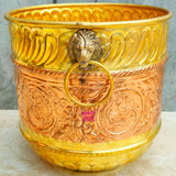 Decorative handmade brass and copper flower pot ideal for displaying plants, flowers, and greenery in modern and traditional settings.