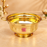 Brass Gangal and Flower Pot decorative puja bowl displayed on a premium beige studio background, featuring a polished golden brass finish, wide round bowl, dual side handles, raised pedestal base and smooth reflective interior. Suitable for flower decoration, festive arrangements, puja use, water display, traditional ceremonies and decorative gifting.