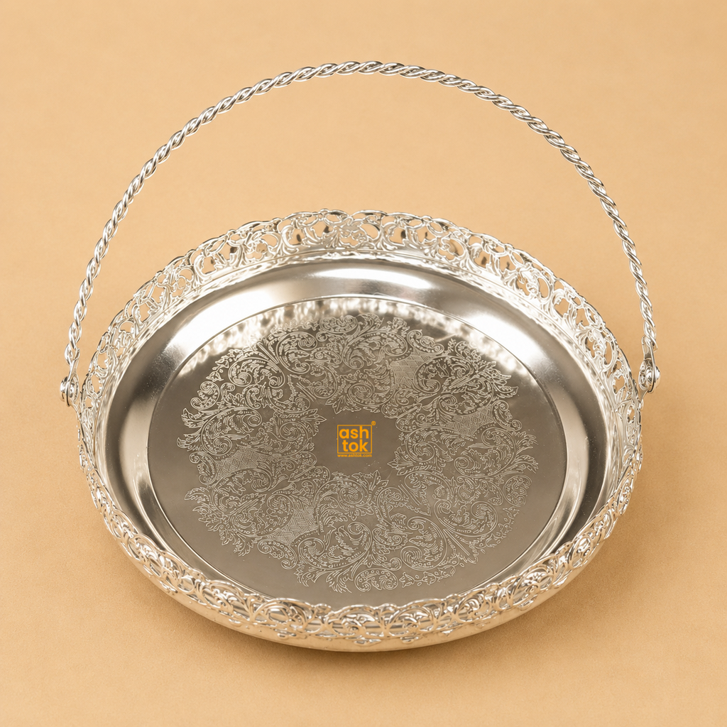 German silver decorative basket tray with handle, ideal for serving dry fruits, sweets, return gifts, and festive home decor.