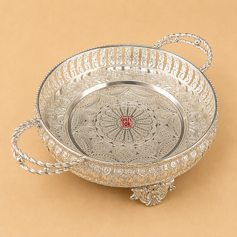 German silver decorative serving tray with elegant handles and designer stand, ideal for serving sweets, dry fruits, snacks, and festive gifting.