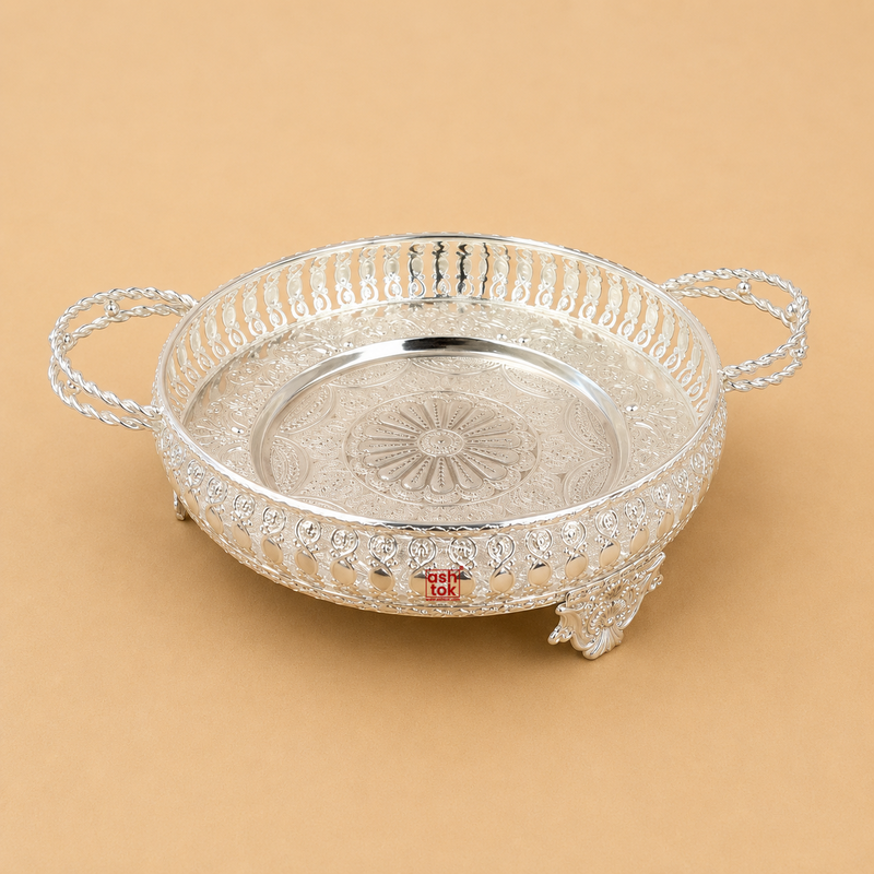 German Silver round serving tray with decorative handles and engraved floral design
