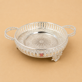 German Silver round serving tray with decorative handles and engraved floral design