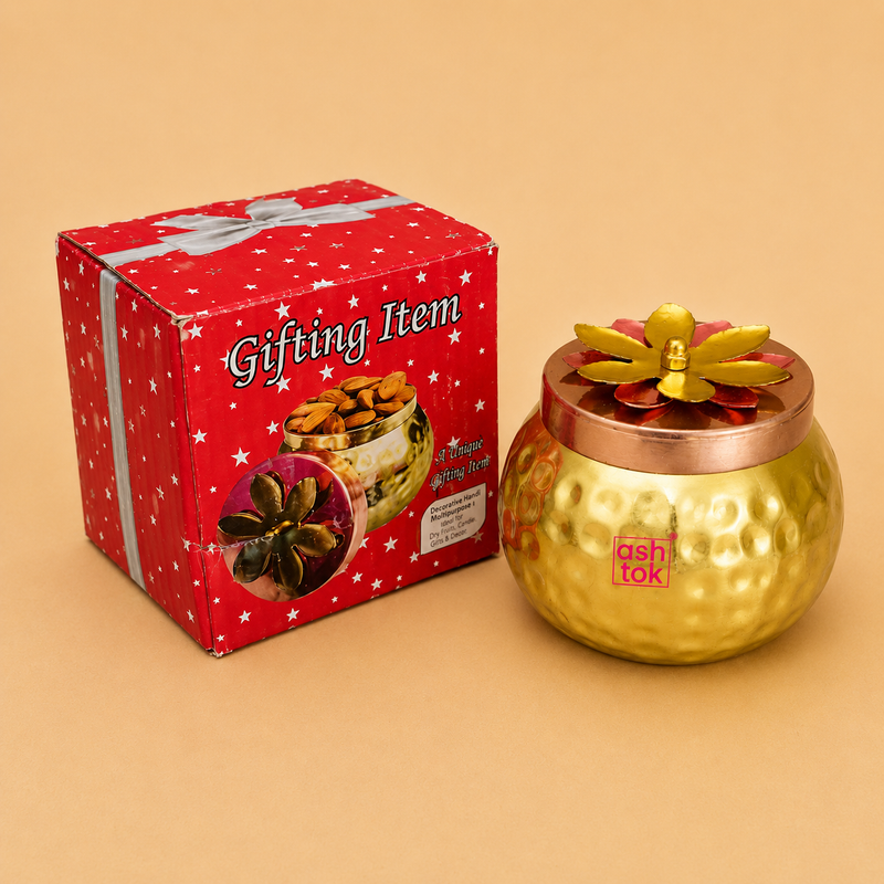 Gold decorative jar with lid and red gift box