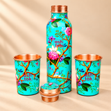 Green Enamel Printed Pure Copper Water Bottle with Glass Set, Copper Drinkware, Gift Items