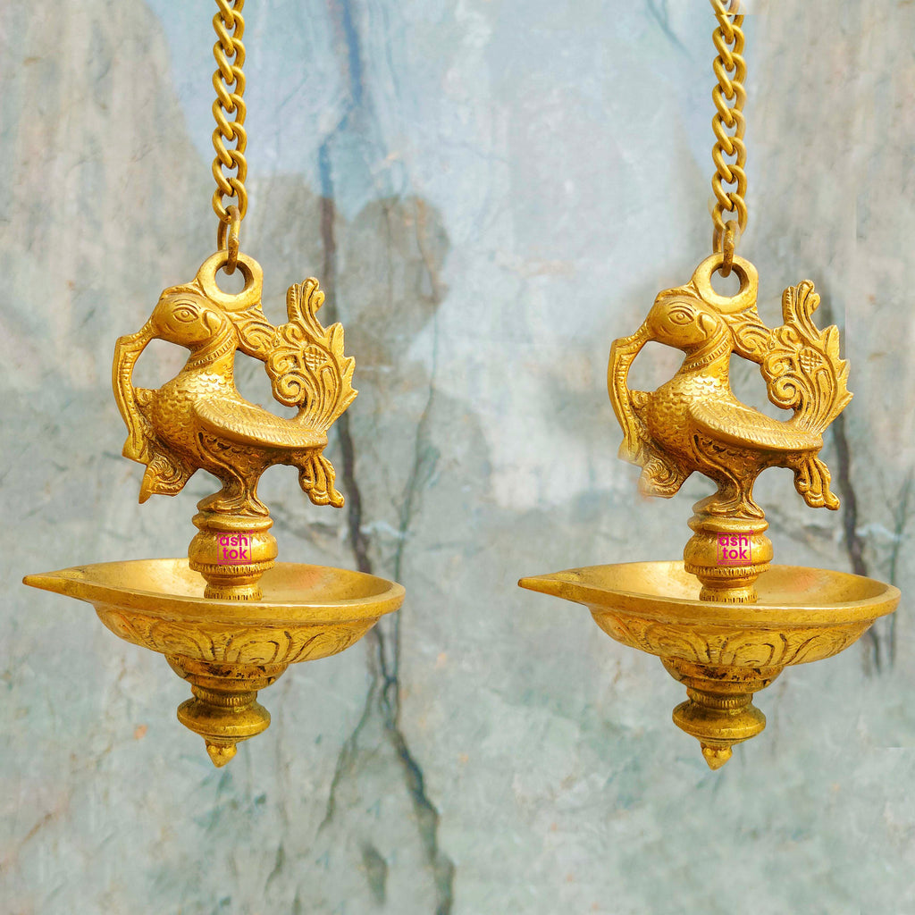 Handcrafted brass hanging deepam with chain, perfect for lighting during prayers, religious rituals, and festive celebrations.