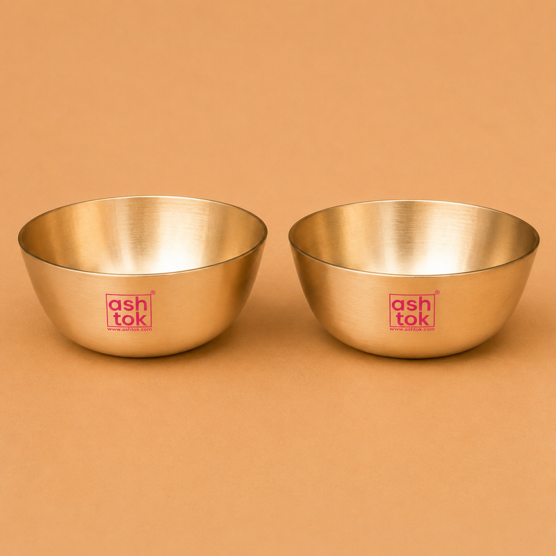 Handcrafted Kansa bronze bowl set of 2 with matt finish, perfect for serving food, sweets, fruits, and festive dishes.