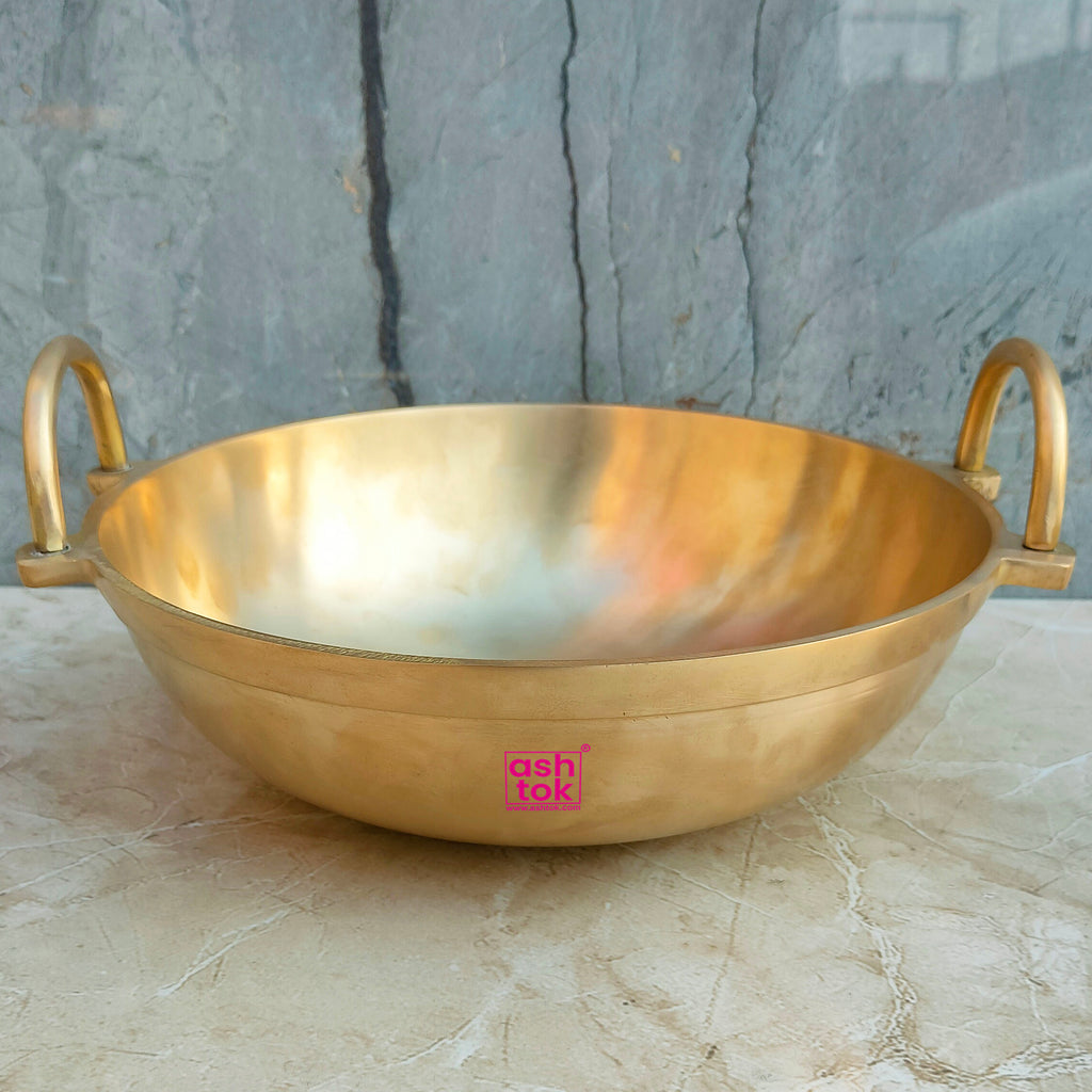 Heavy gauge bronze cooking kadai with durable construction, suitable for frying, sautéing, and slow cooking recipes