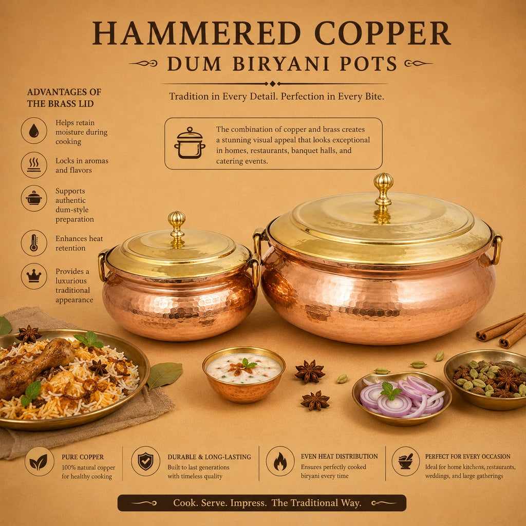 Heavy gauge copper biryani pot with brass lid, suitable for home kitchens, restaurants, and catering services.