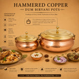 Heavy gauge copper biryani pot with brass lid, suitable for home kitchens, restaurants, and catering services.