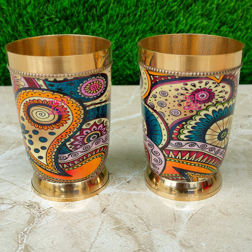 Brass Glasses, Printed Design Premium Drinkware On Special Occassions, (Pack Of 2).